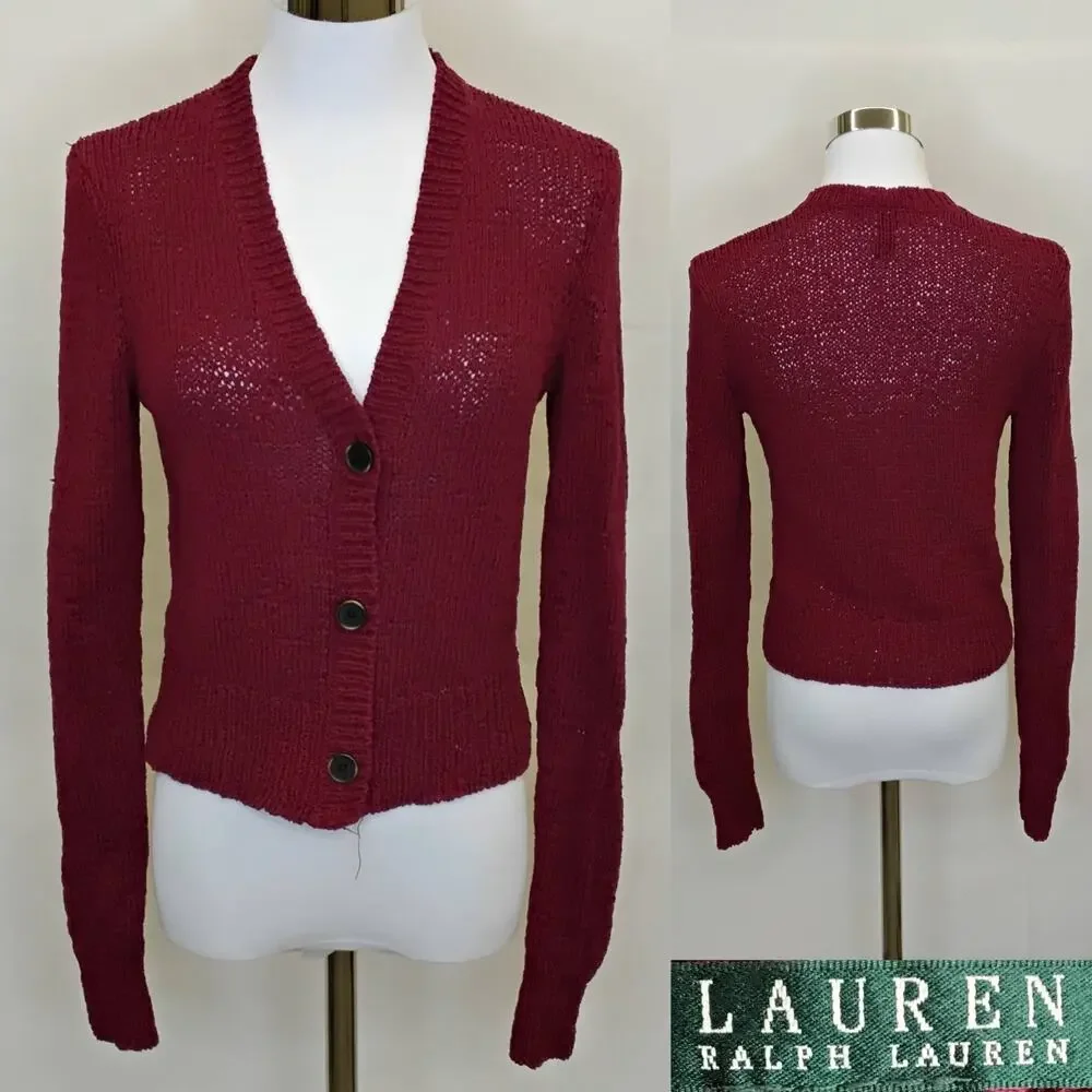 Lauren Ralph Lauren Cardigan Sweater Women's S Cropped Red Textured Knit #J5843